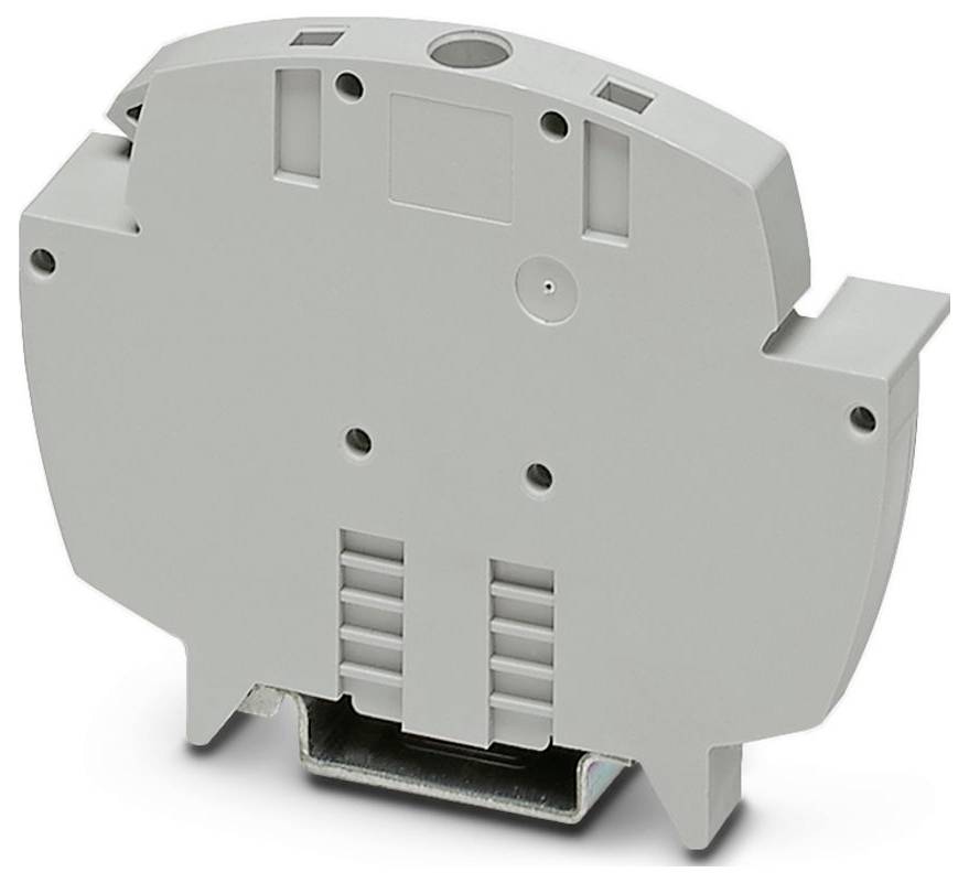 Eine graue elektrische Komponente mit mehreren Schlitzen und Löchern, wahrscheinlich eine Klemmenleiste oder ein Stecker, der in elektrischen Installationen verwendet wird.