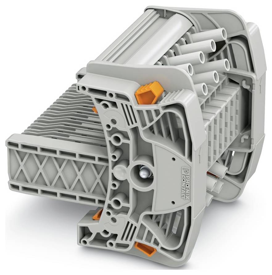 Ein graues, modulares Gehäuse für elektronische Stecker mit orangefarbenen Entriegelungslaschen, das zur Kabelorganisation und Wartung in elektrischen Systemen verwendet wird.