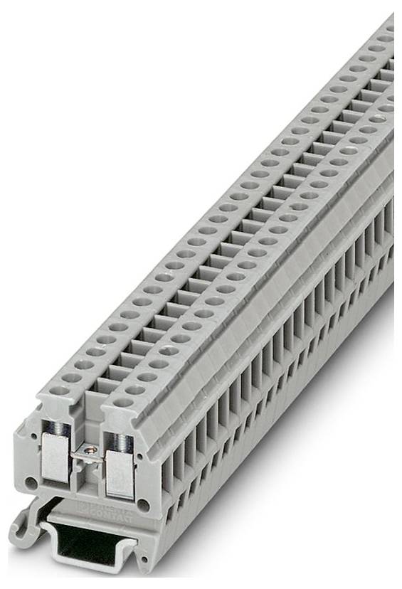 Ein graues, mehrstöckiges Klemmenleistenblock für die elektrische Verdrahtung mit Reihen von Anschlusspunkten und metallischen Kontaktflächen.