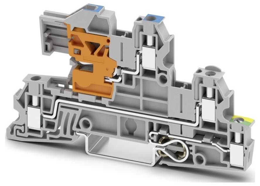 Ein grau und orange farbenes Klemmblock-Modell, das die internen Verbindungen und Struktur zeigt und die elektrischen Leitungswege und Komponenten hervorhebt.