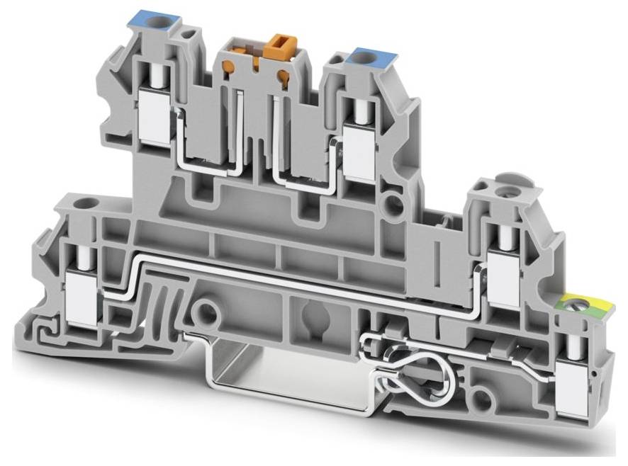 Ein grauer Klemmblock mit farbigen Komponenten oben für elektrische Verbindungen, mit mehreren Verdrahtungssteckplätzen und einem Befestigungsmechanismus.