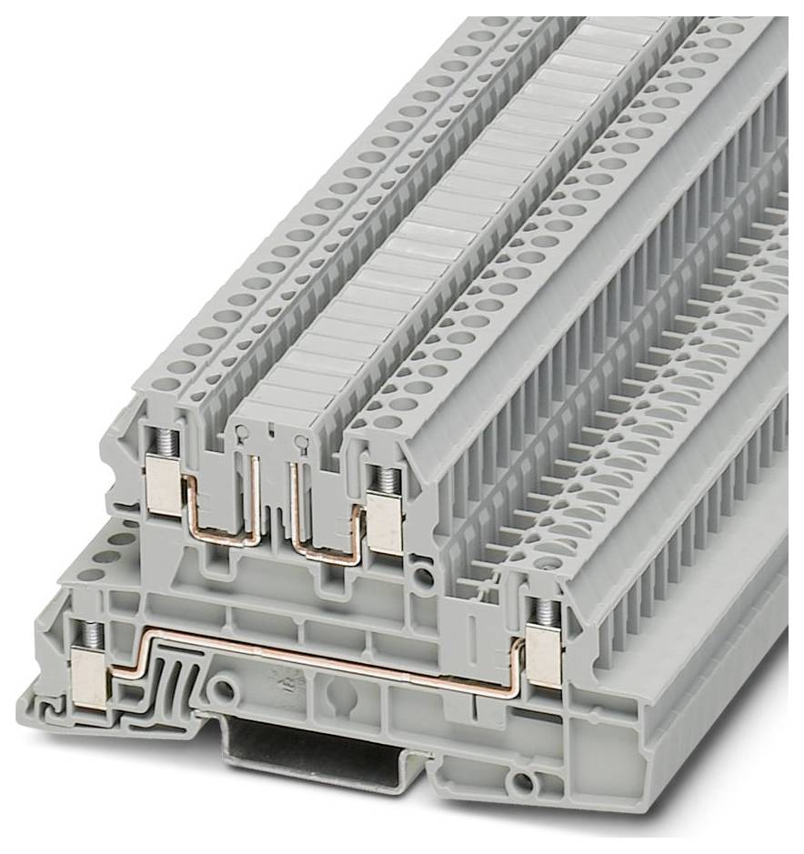 Gestapelte graue Klemmenblöcke mit Kupferkonnektoren, die in Elektroschaltanlagen verwendet werden.