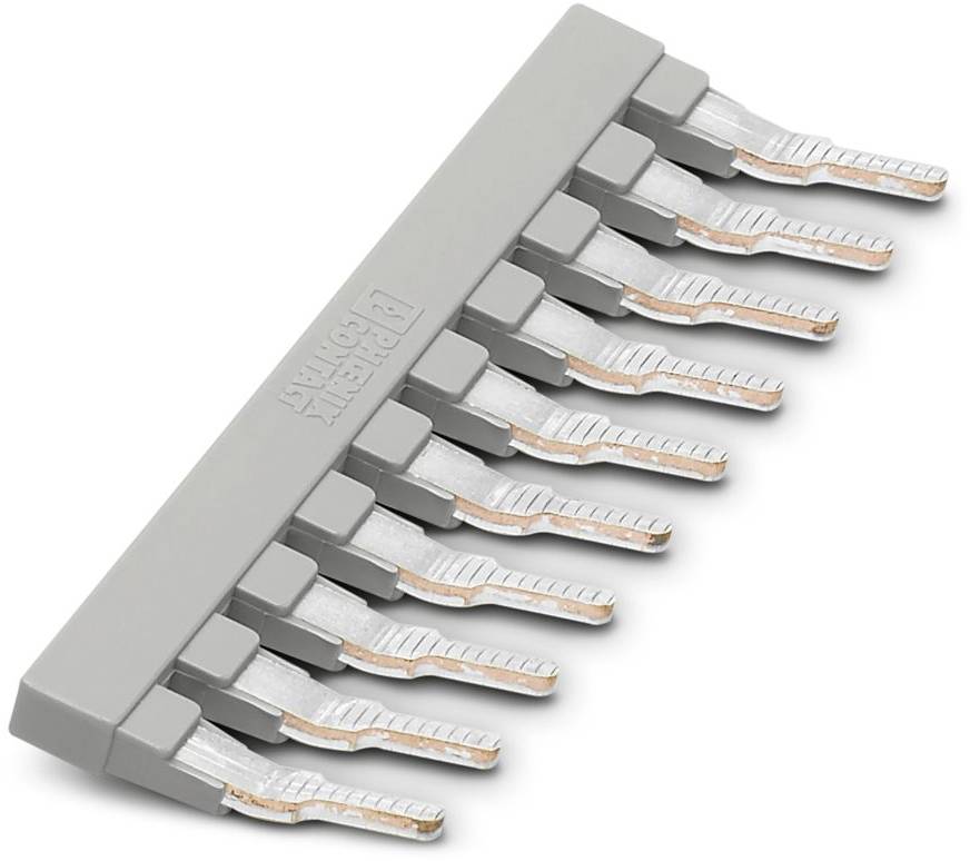 Ein grauer Anschlussblock mit zehn Kupferklemmen, der für elektrische Verbindungen in industriellen oder elektronischen Anwendungen verwendet wird.