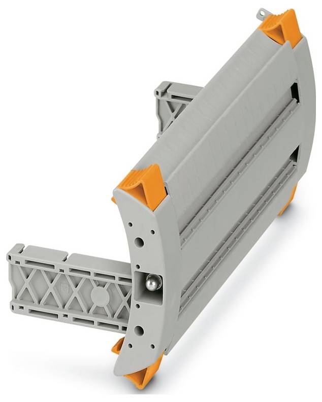 Ein grau-oranges Kunststoffbauteil mit mehreren Schlitzen und einem Rahmen, das wahrscheinlich für die elektrische oder mechanische Montage in industriellen Umgebungen verwendet wird.