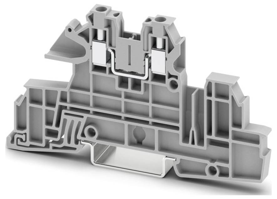 Ein grauer Kunststoff-Klemmenblock mit Metallklammern und Schraubenpunkten, der für elektrische Verbindungen in industriellen Anwendungen konzipiert ist.