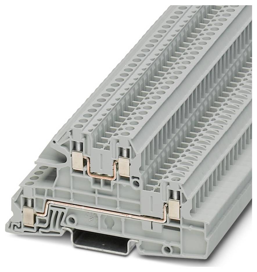 Graues modulares Klemmleistenmodul mit Kupferkontakten, geeignet für die Drahtverschaltung in Elektrosystemen; dargestellt in einer gestapelten Konfiguration.