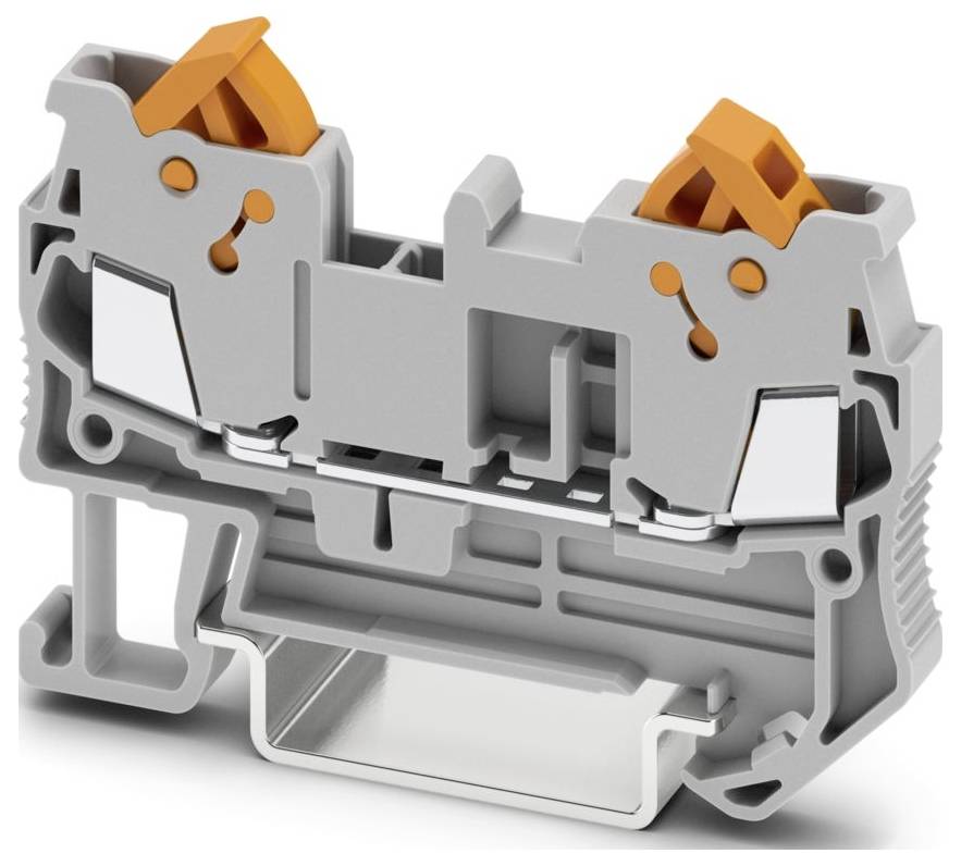 Ein grau-orangenes Klemmleistenblock mit Hebelsteckern, das zur Befestigung von Elektrokabeln in industriellen oder privaten Elektroinstallationssystemen verwendet wird.
