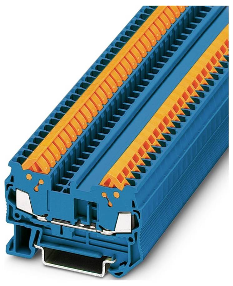 Ein blauer und oranger auf Schienen montierter Terminalblock für elektrische Verbindungen, der mehrere Reihen von Anschlußpunkten und ein robustes Design zeigt.