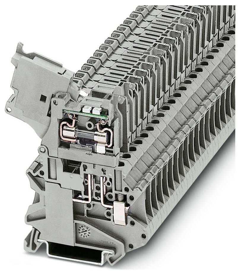 Ein Stapel grauer Elektroklemmen mit einer Querschnittsansicht, die interne Kupferverbindungen zeigt, die zur Organisierung von Stromkreisen verwendet werden.