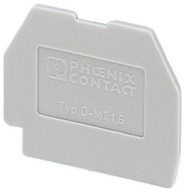 Eine beige Endabdeckung für Klemmleisten mit dem geprägten Logo „PHOENIX CONTACT