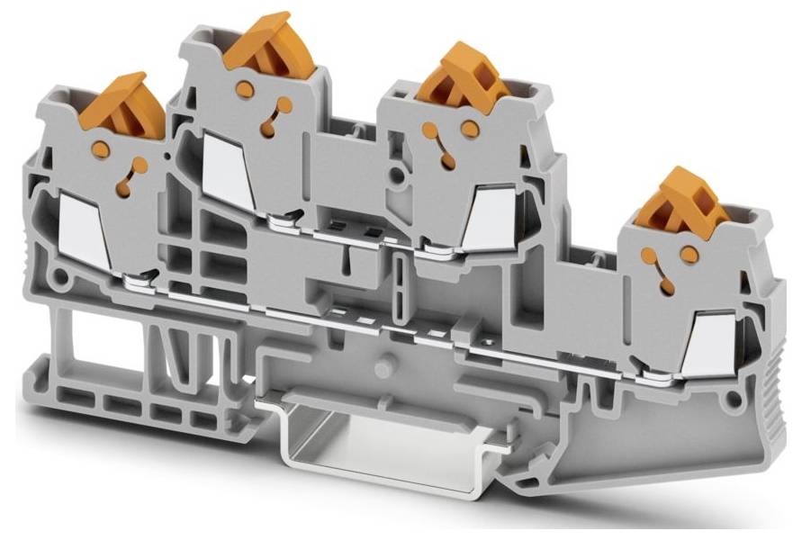 Ein grau und orangefarbener Elektroklemmenblock mit vier Anschlusspoints, entwickelt für sichere Drahtverbindungen in Elektrosystemen.