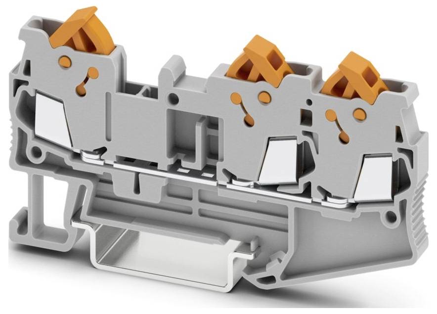 Ein graues elektrisches Klemmenblock mit drei orangefarbenen Hebelverschlüssen, das für Verdrahtungsverbindungen in elektrischen Systemen verwendet wird.