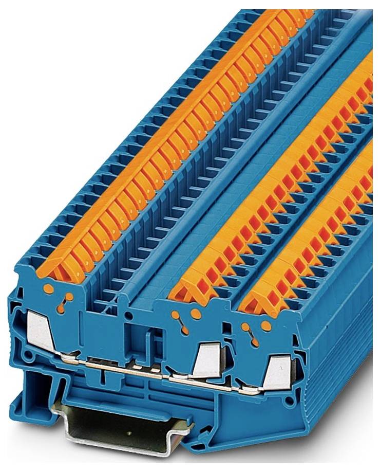 Blau und orange industrielle Klemmleiste mit mehreren Anschlüssen, dient zur Organisierung und Sicherung von Elektrokabeln.