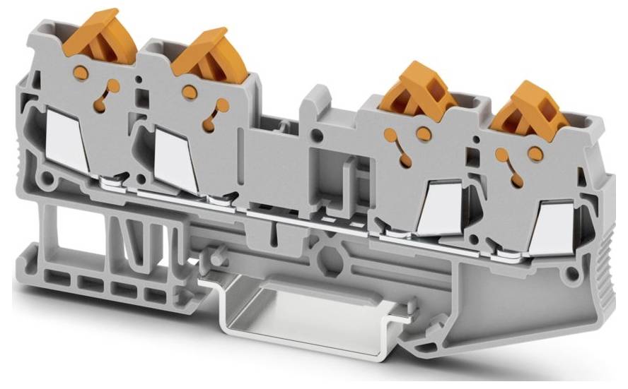 Ein Klemmblock mit drei Anschllusspunkten, ausgestattet mit orangefarbenen Hebeln zum Sichern von Stromkabeln.