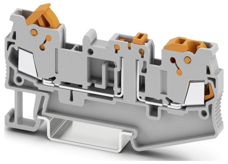 Ein Klemmleistenblock mit orangen Hebeln für elektrische Verbindungen, mit modularer Struktur und einer Hutschienenbefestigung.