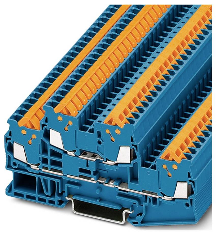 Ein blau und orange modularer Klemmenblock, der in elektrischen Installationen verwendet wird. Er verfügt über mehrere Anschlußpunkte zum Verdrahten.