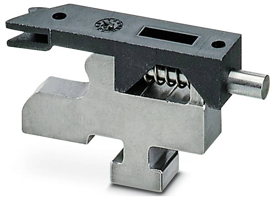 Ein Metallmechanikteil mit rechteckiger schwarzer Oberseite und metallischem Boden, mit einer Spiralfeder und einem vorstehenden Metallstift.