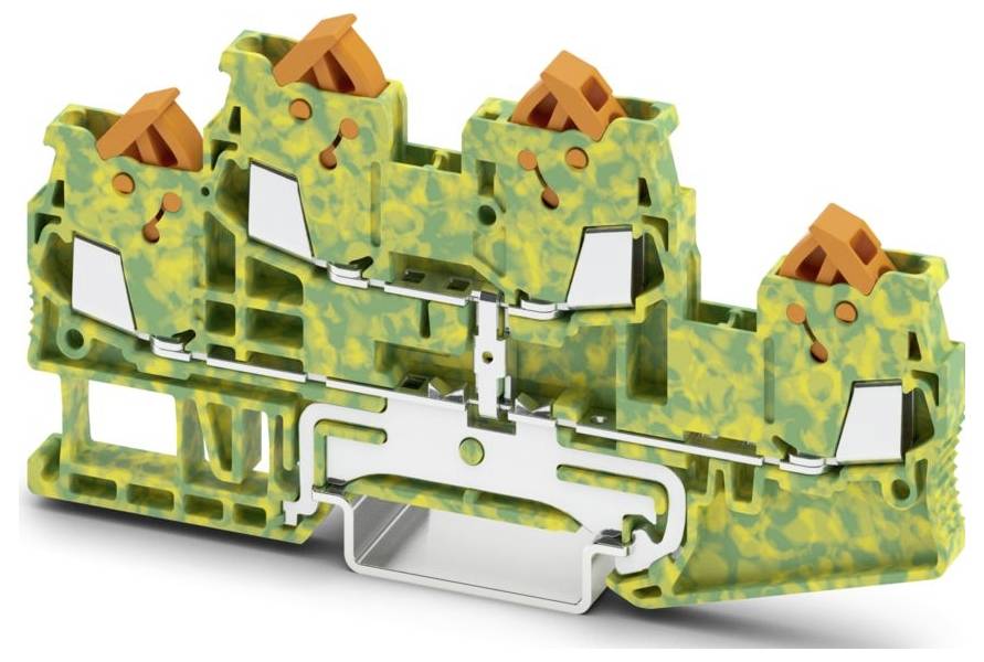 Ein grünes und gelbes Klemmblock mit orangefarbenen Hebeln, verwendet zum Verbinden von elektrischen Komponenten, in aufrechter Position dargestellt.