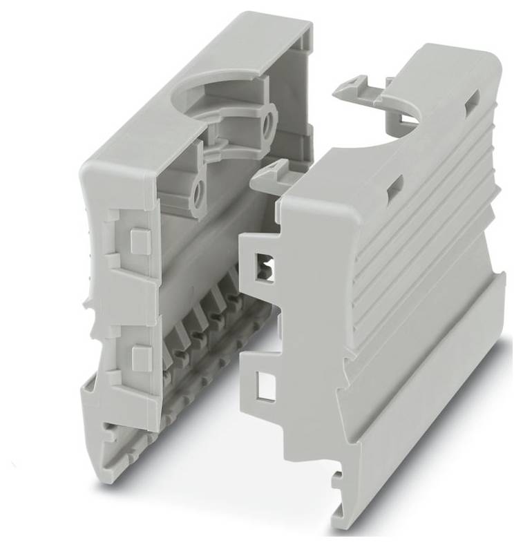 Ein graues, kunststoffes DIN-Hutschienen-Gehäuse mit zwei ineinandergreifenden Teilen, die auseinandergenommen dargestellt sind und interne Merkmale zeigen. Wird zur Unterbringung elektronischer Komponenten verwendet.