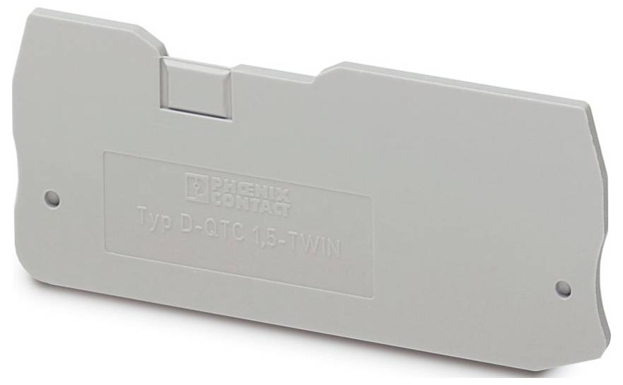 Eine graue Kunststoffkomponente mit der Bezeichnung „Phoenix Contact Typ D-QTC 1,5-TWIN