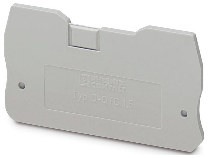 Ein grauer Kunststoff-Klemmleistenschutz mit der Beschriftung PHOENIX CONTACT Typ D-QTC 1,5.