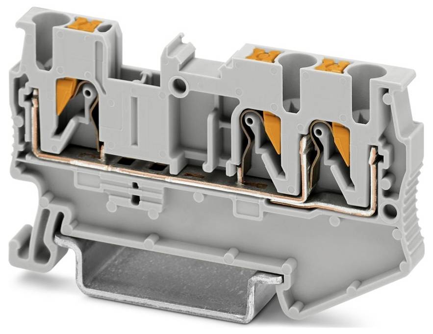 Ein grau-oranges Elektroklemmenblock mit mehreren Anschlüssen und einer Metallbasis, der zum Befestigen und Organisieren von Verdrahtung verwendet wird.