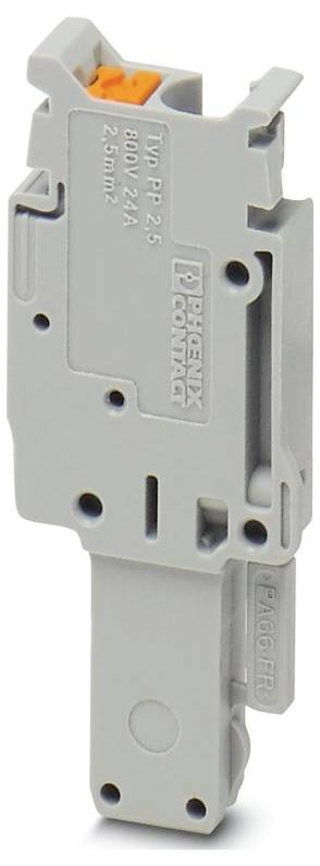 Ein grauer Phoenix Contact Sicherungsklemmenblock Typ PT 2.5, mit einer Nennspannung von 800V, 24A, 2,5mm², mit einem orangefarbenen Hebel oben zum Anschluss.