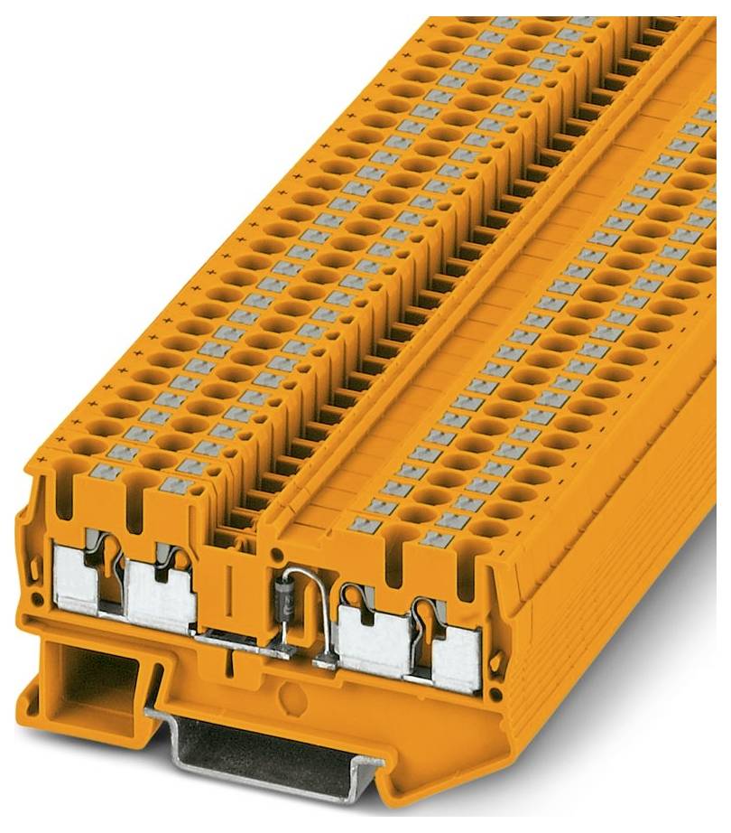 Ein orangefarbener Klemmleistenstreifen mit mehreren Anschllusspunkten für die Verkabelung in elektrischen Anlagen.