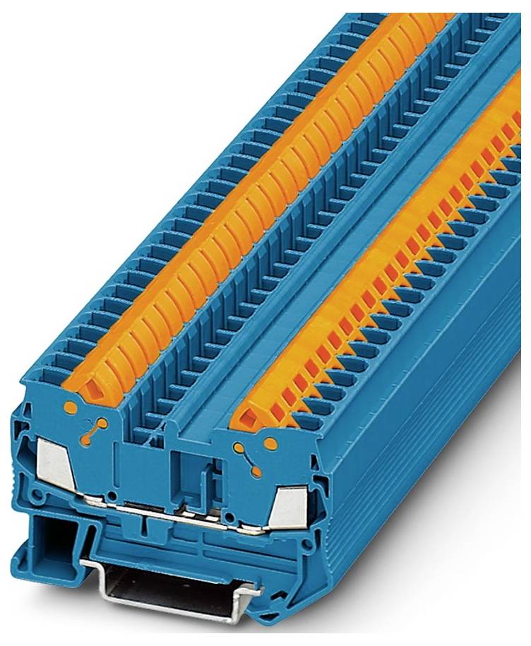Ein Nahaufnahmebild eines blauen und orangefarbenen modularen Klemmenblocks, der zum Verbinden von Stromkreisen in industriellen Anwendungen verwendet wird.