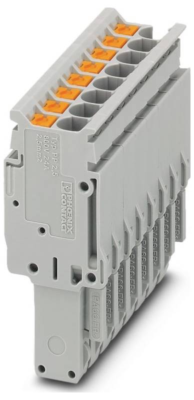 Eine graue Kunststoff-Klemmleistenabdeckung mit Branding und Typbezeichnung 