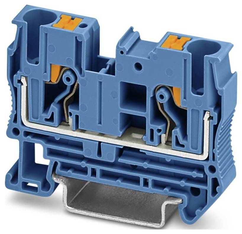 Ein blauer Kunststoff- und Metallklemmblock mit orangefarbenen Akzenten, der zur Sicherung von elektrischen Verbindungen in Industrieanwendungen verwendet wird.
