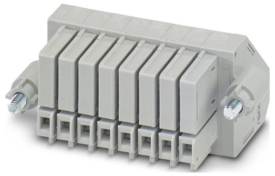 Ein graues Klemmenbloc, das für elektrische Verbindungen verwendet wird und acht Schlitze für die Verdrahtung sowie zwei Schrauben zur sicheren Befestigung aufweist.