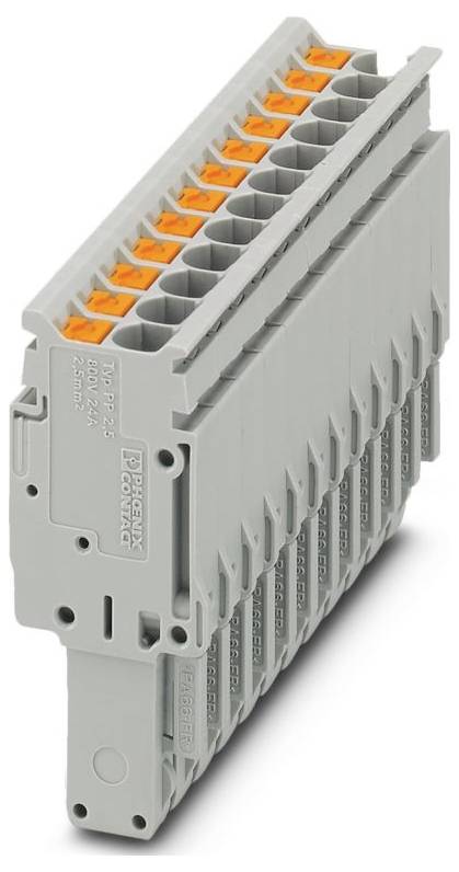 Ein graues Elektroklemmenbrett mit mehreren orange Anschlüssen, die vertikal angeordnet sind. Es wird zur Organisation und Sicherung von Verdrahtung in Elektroverteilern verwendet.