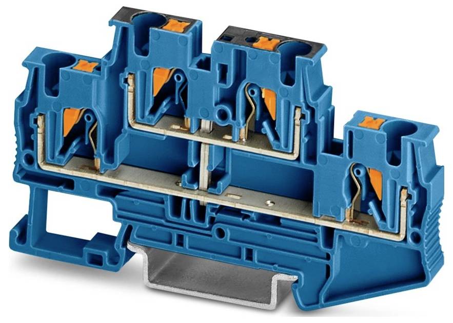 Ein blau und orange farbiges Elektroanschlussterminal mit drei Anschllusspunkten, das seine internen Metallbahnen und Kunststoffgehäusestruktur zeigt.