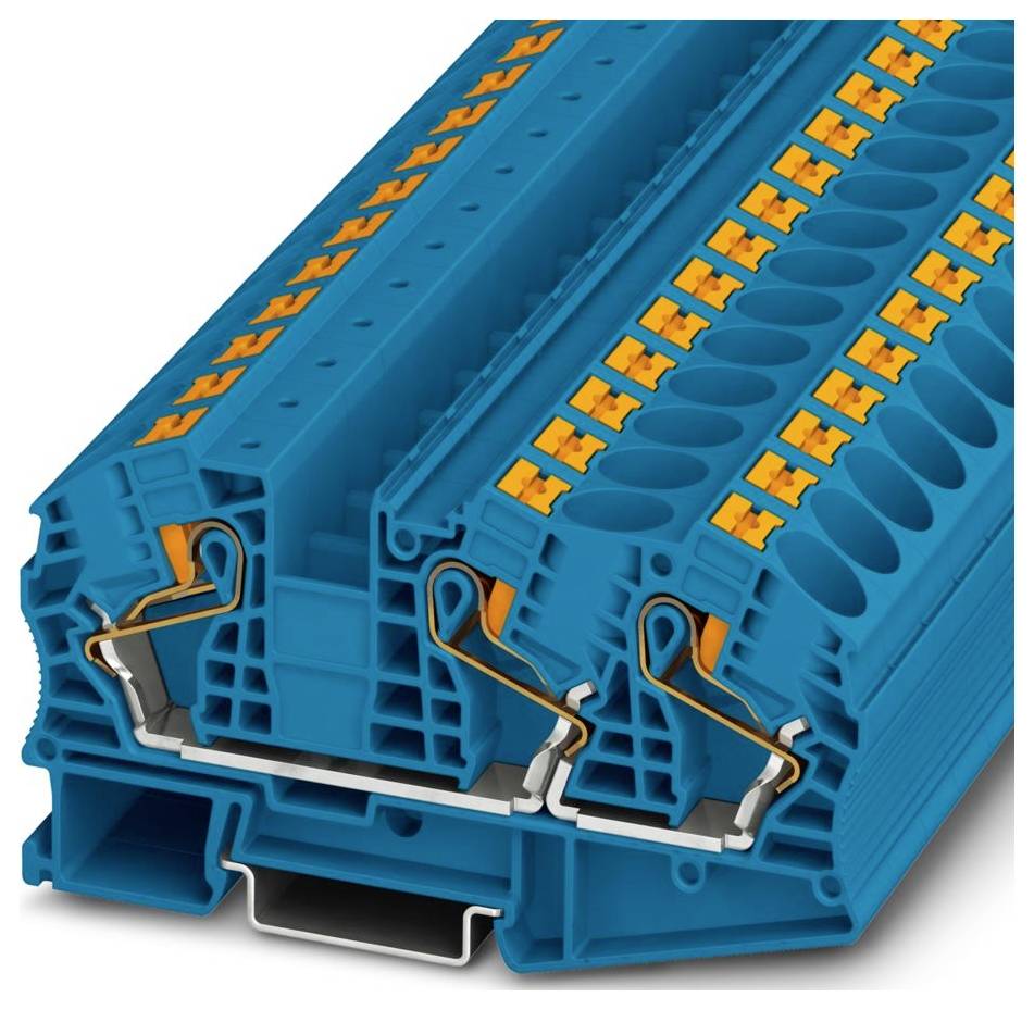 Ein blaues Elektroklemmleistenblock mit orangefarbenen Freigabehebeln und mehreren Anschlüssen, das zum Befestigen von Elektrokabeln entwickelt wurde.