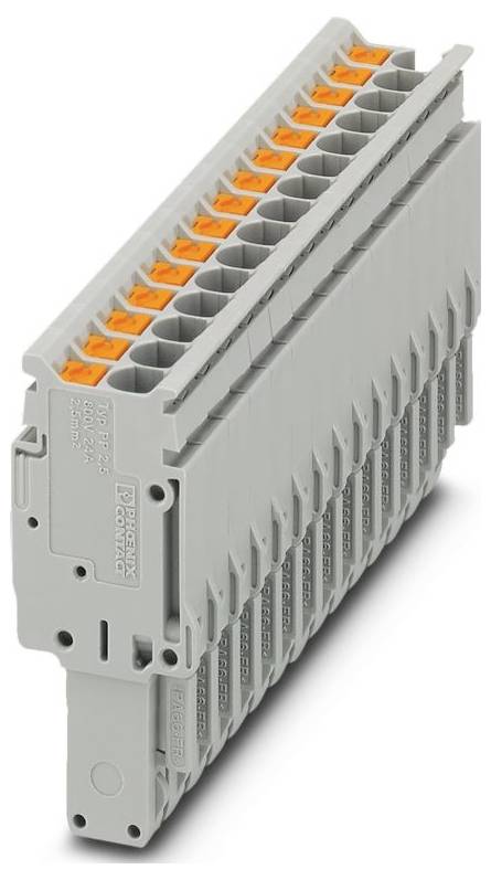 Ein grauer, modularer isolierter Klemmenblock mit orangefarbenen Akzenten für elektrische Verbindungen, mit einer klaren Beschriftungsfläche und kompaktem Design.