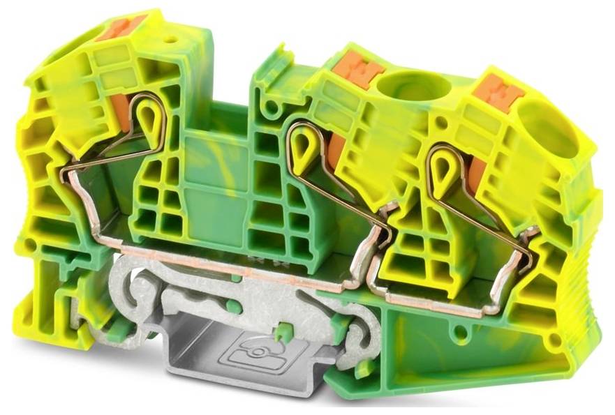 Ein zweipoliger gelb-grüner Klemmblock mit Metallverbindern und Schraubklemmen, der für die Elektroverkabelung und Schaltungsverbindungen verwendet wird.