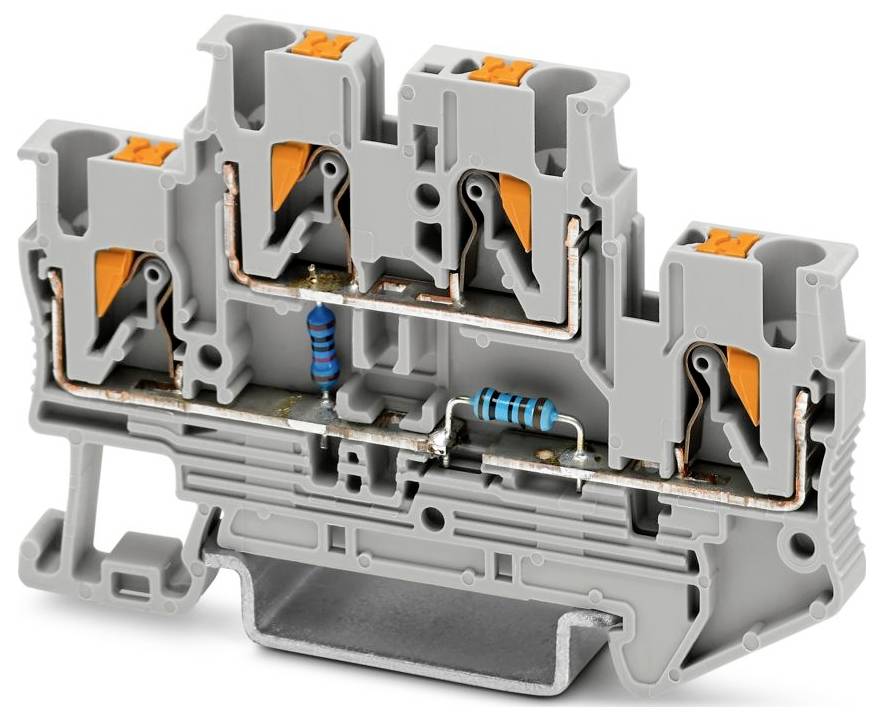 Ein graues Klemmblock mit internen orangefarbenen Hebeln und sichtbaren blauen Widerständen wird gezeigt, das seine Struktur und Designmerkmale demonstriert.