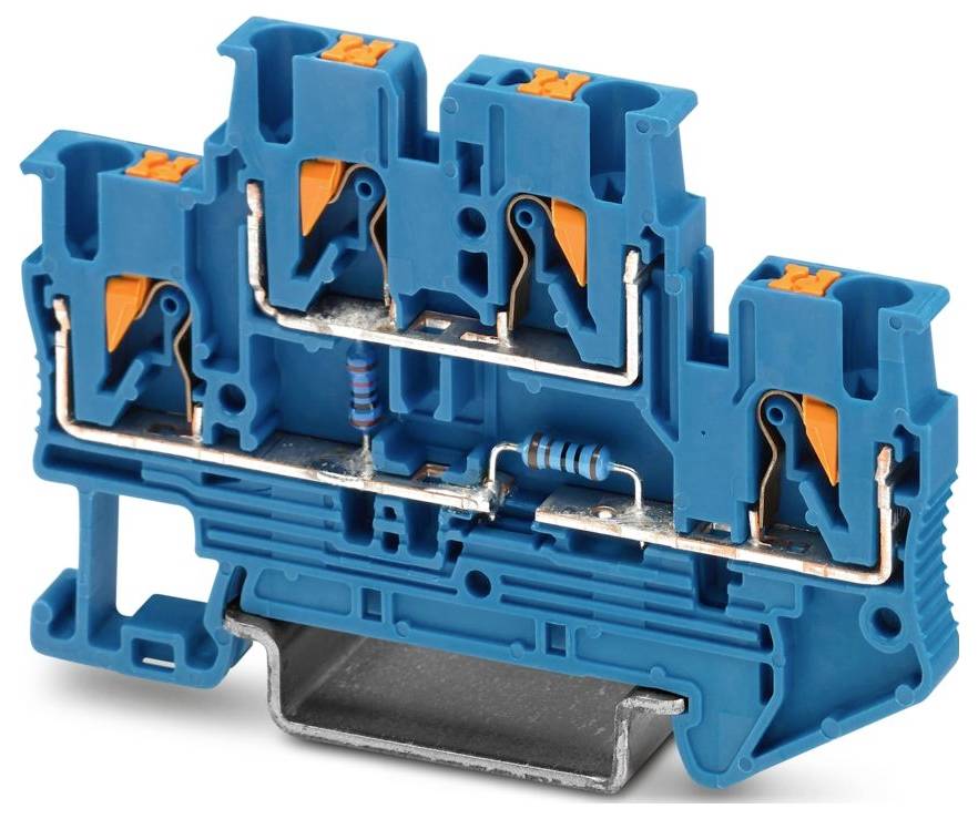 Ein blauer Elektroanschlussklemmenblock mit drei Abschnitten, der interne Metallverdrahtung und Widerstände zeigt. Wird zum sicheren Verbinden von Stromkreisen verwendet.