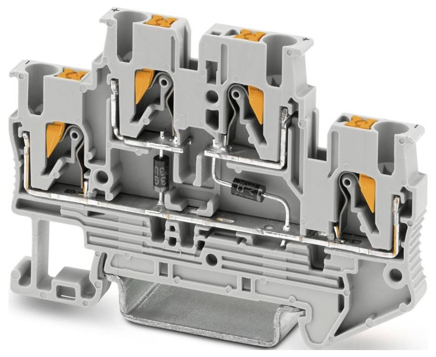 Ein graues Kunststoff- und Metallterminalblock mit mehreren orangefarbenen Hebeln, die für Verdrahtungsverbindungen konzipiert sind, und innere leitfähige Pfade zeigen.