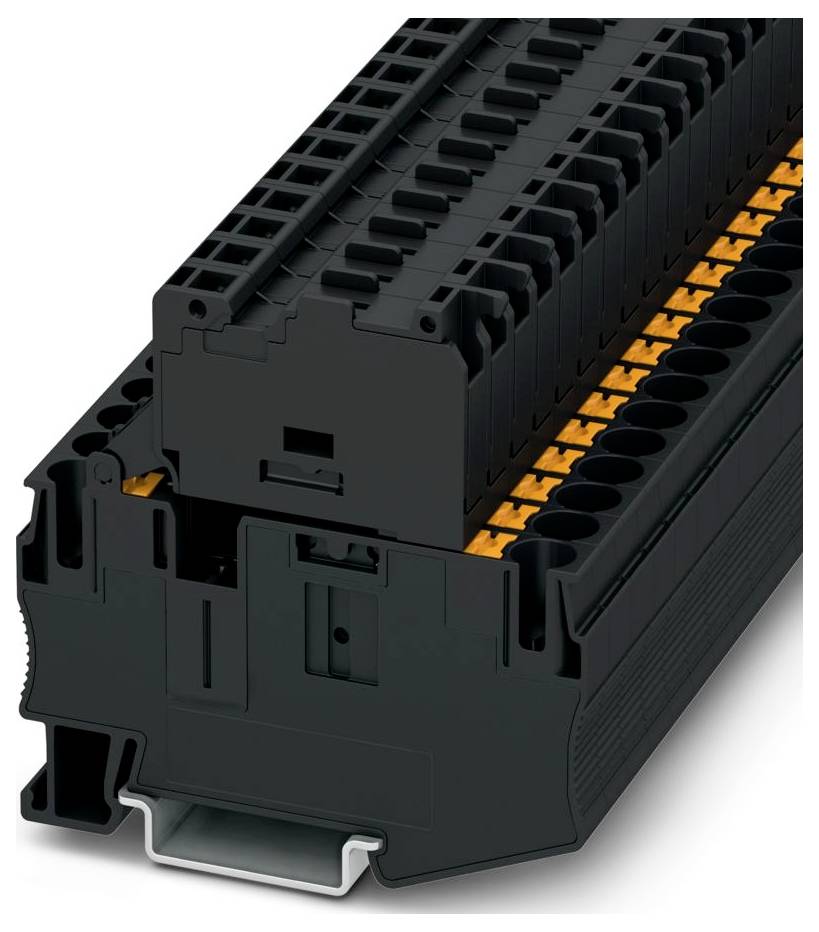 Ein Stapel modularer Industriekomponenten mit schwarzem Gehäuse, ausgestattet mit mehreren orangefarbenen Steckverbindern, entworfen für elektrische Anwendungen.
