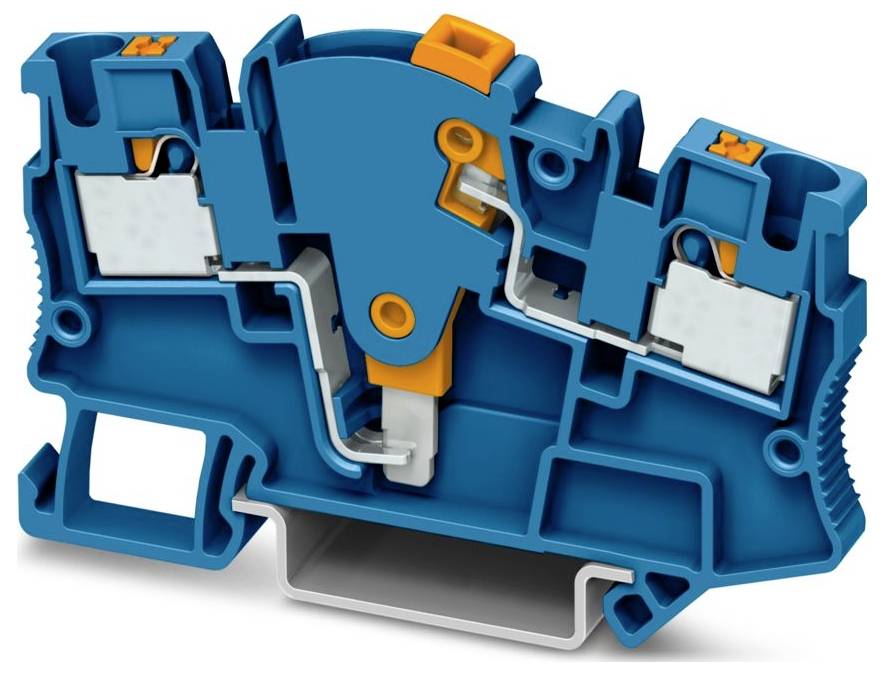 Ein blau-oranger Stromverteilerklemmenblock mit sichtbaren inneren Verbindungen und Komponenten für die Drahtverwaltung und sichere elektrische Verbindungen.