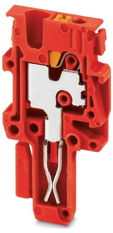 Ein graues elektrisches Klemmenleistenmodul mit mehreren Anschllusspunkten, das für Schaltungsverbindungen verwendet wird und ein orangefarbiges Sperrelement aufweist.