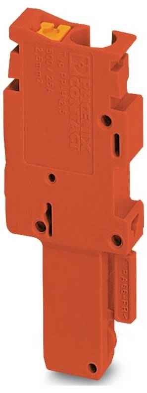 Rotes Phoenix Contact Relais-Klemmleisten-Terminal mit gelbem Entriegelungshebel, Seitenansicht. Geeignet für elektrische Anwendungen mit sichtbaren Befestigungsmerkmalen.