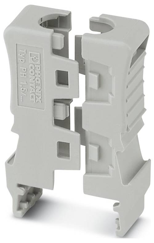 Ein graues Phoenix Contact Klemmblock, Modell TYP PH 1,5, wird in aufrechter Position gezeigt und hebt seine komplizierte Struktur und sein Design hervor.