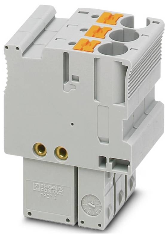 Ein grauer Elektroklemmleistenblock mit drei orangefarbenen Hebeln oben, der zum Verbinden von Drähten verwendet wird.