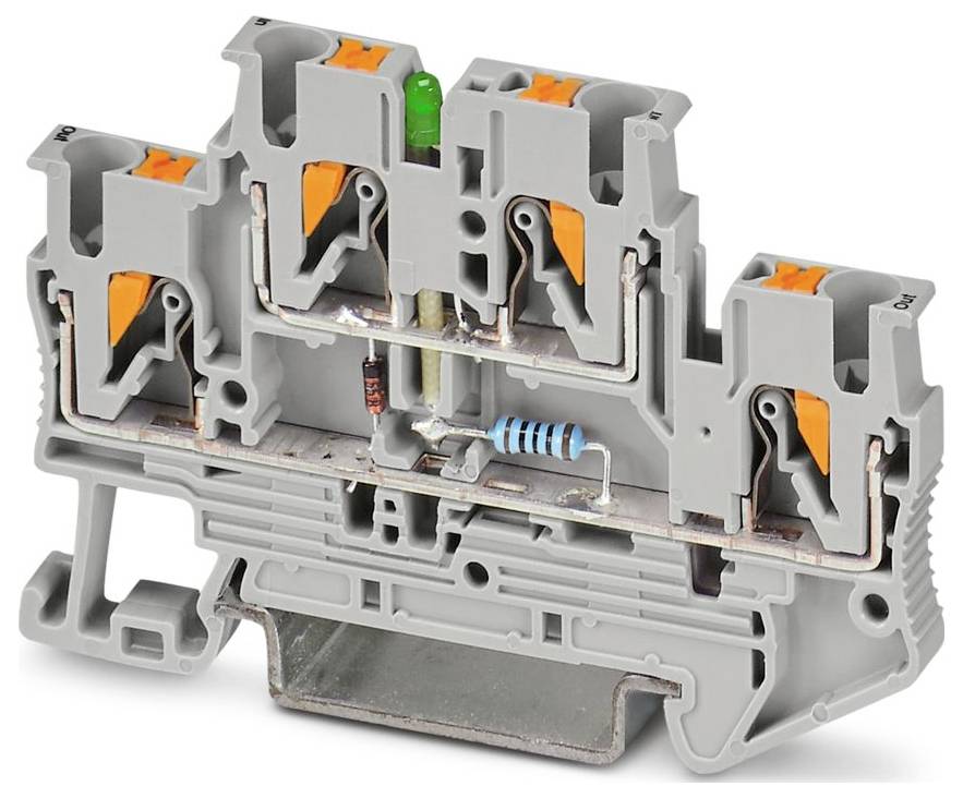 Ein grauer Elektrosteckverbinder mit orangefarbenen Hebeln und einer sichtbaren grünen Leuchtdiode sowie einem blauen Widerstand, der für Verdrahtungsanwendungen verwendet wird.