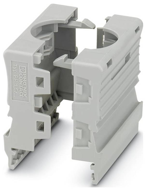 Ein grauer Kunststoff-DIN-Schienenklemmenblock-Stecker, der für elektrische Verbindungen verwendet wird, verfügt über ineinandergreifende Komponenten und eine beschriftete Seite.
