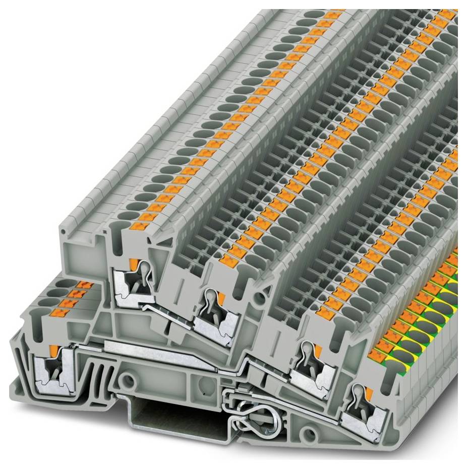 Modulare graue Klemmenblöcke mit orangefarbenen Hebeln, die zum Verbinden von elektrischen Leitungen in Schaltschränken oder industriellen Anwendungen verwendet werden.