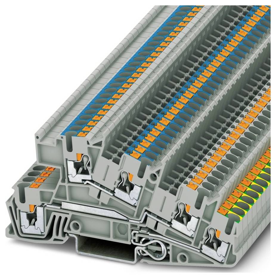 Vertikal gestapelte Klemmenblöcke, die Verdrahtungsverbindungen und mehrstufiges Design für effiziente elektrische Verteilung und Organisation veranschaulichen.